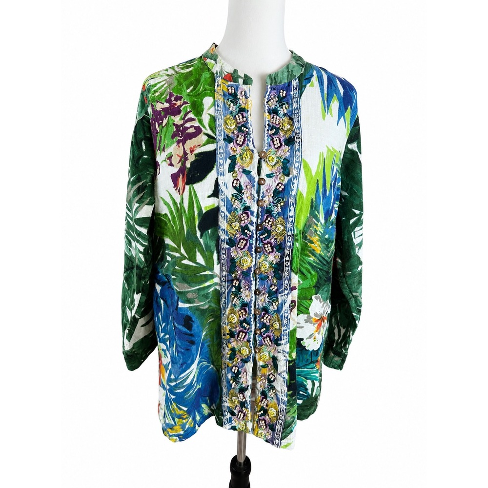 Soft Surroundings Tropical Floral Embroidered Beaded Tunic Top Green 2X Womens